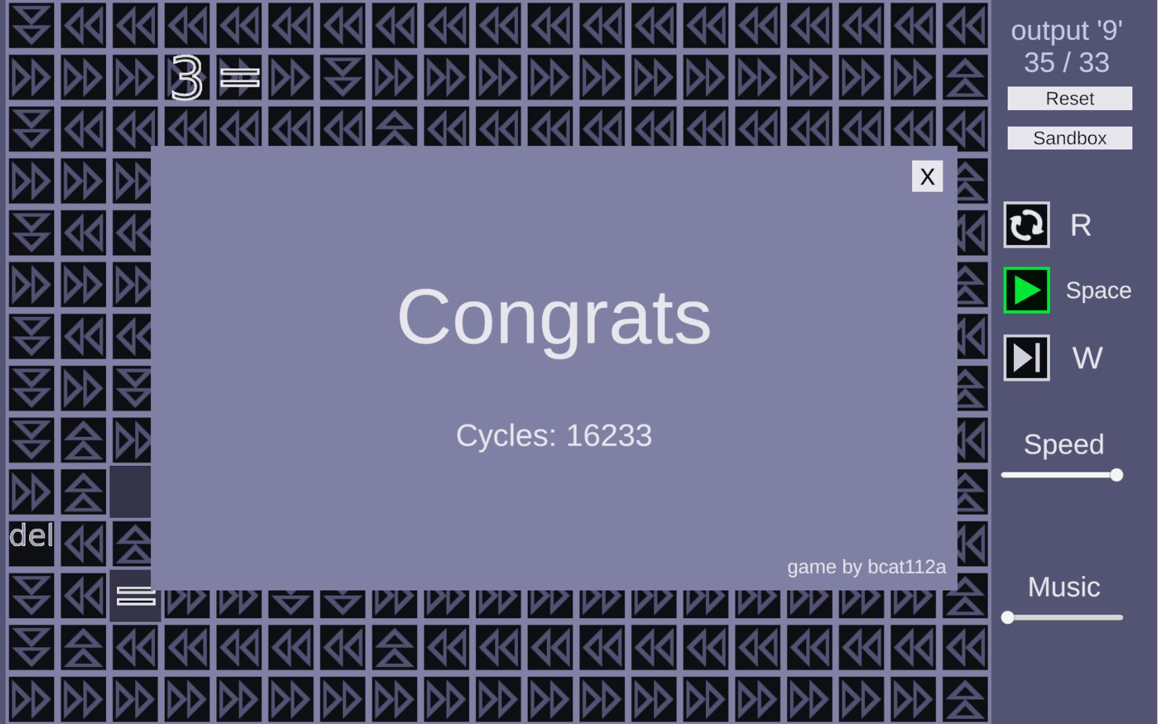 The completion screen of the 16233-cycle machine